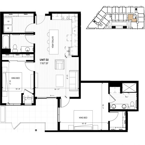Floor plan for 2 beds, 2 baths, 1167 sqft
